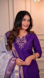 Lorenvalley Fashion Purple Roman Silk Hand Work Kurta Pant with Dupatta - Distacart