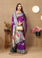 Lorenvalley Fashion Purple Soft Paithani Silk Woven Design Rich Meenakari Zari Weaving Pallu Saree