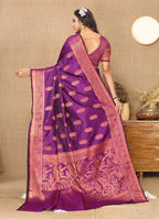 Lorenvalley Fashion Purple Soft Katan Silk Woven Design Copper Zari Weaving Saree