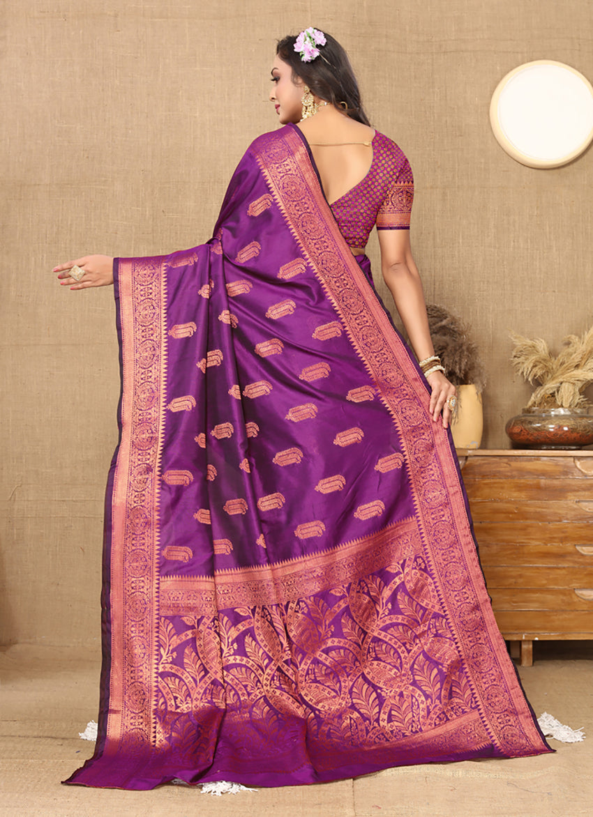 Lorenvalley Fashion Purple Soft Katan Silk Woven Design Copper Zari Weaving Saree