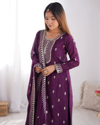 Lorenvalley Purple Chinon Silk Embroidery Sequence and Jari Work Kurta Trousers with Dupatta Set - Distacart