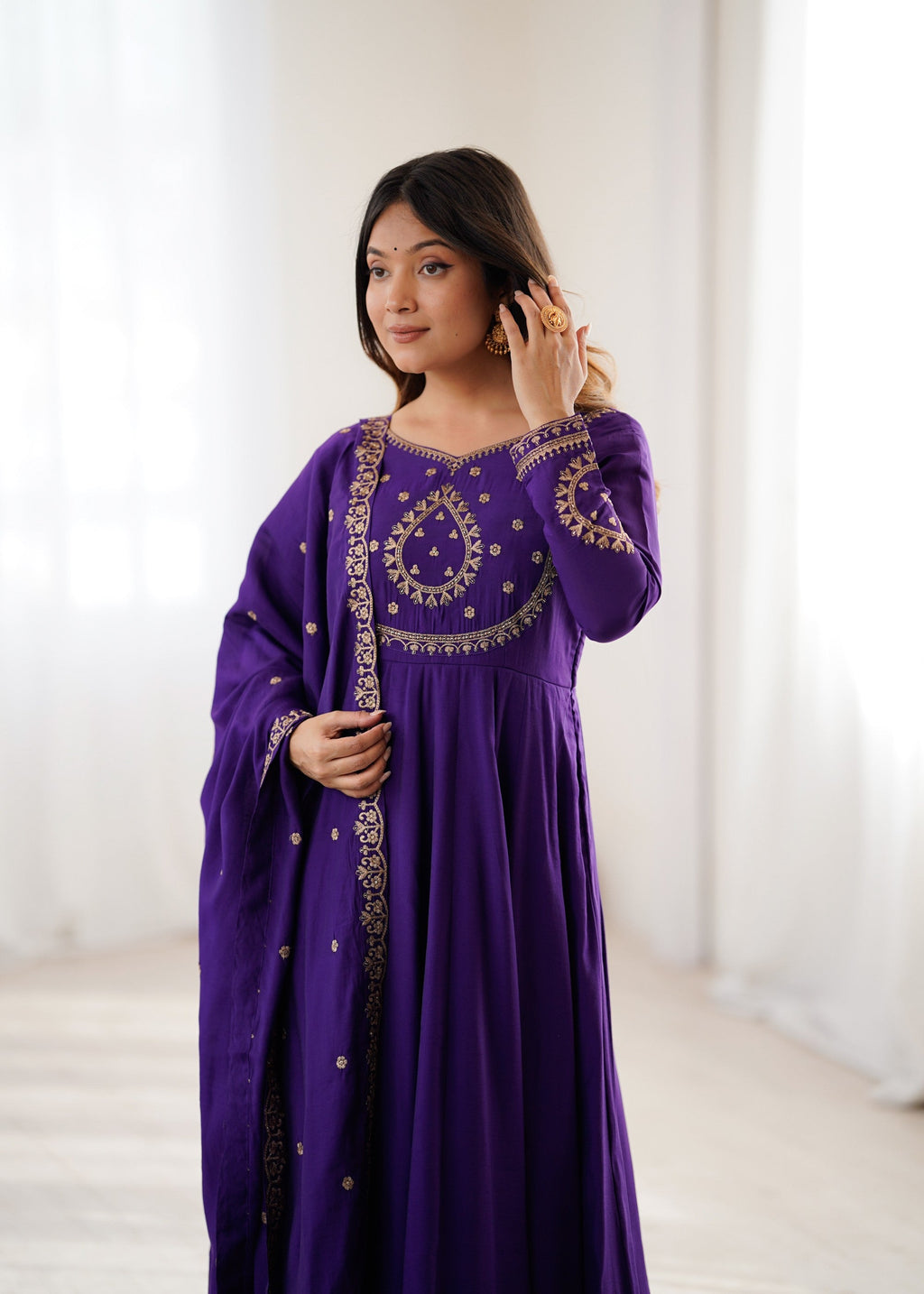 Lorenvalley Fashion Purple Roman Chanderi Silk Handwork Beads Work Anarkali Pant with Dupatta - Distacart