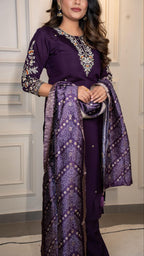 Lorenvalley Fashion Purple Roman Silk Embroidery Multi Work Kurta Pant with Dupatta - Distacart
