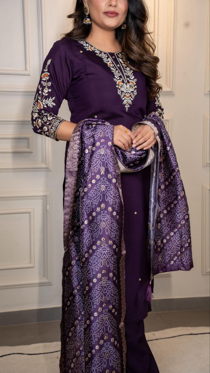 Lorenvalley Fashion Purple Roman Silk Embroidery Multi Work Kurta Pant with Dupatta - Distacart