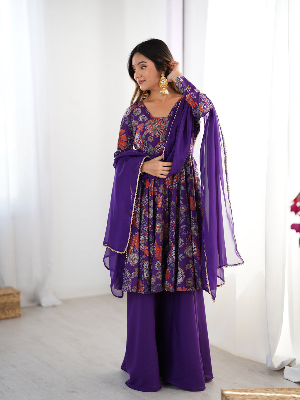 Lorenvalley Women Pure Soft Roman silk Chanderi Discharge Print Fabric Kediya Kurta Palazzo with Dupatta Set