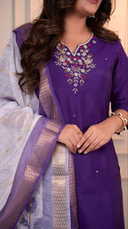 Lorenvalley Fashion Purple Roman Silk Hand Work Kurta Pant with Dupatta - Distacart
