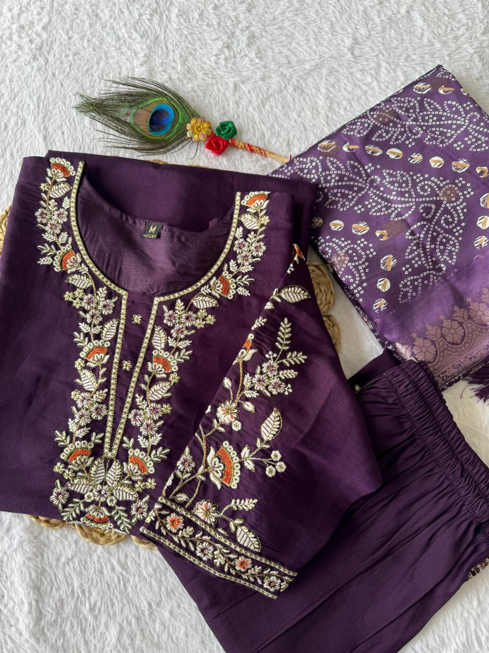 Lorenvalley Fashion Purple Roman Silk Embroidery Multi Work Kurta Pant with Dupatta - Distacart