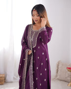 Lorenvalley Purple Chinon Silk Embroidery Sequence and Jari Work Kurta Trousers with Dupatta Set - Distacart