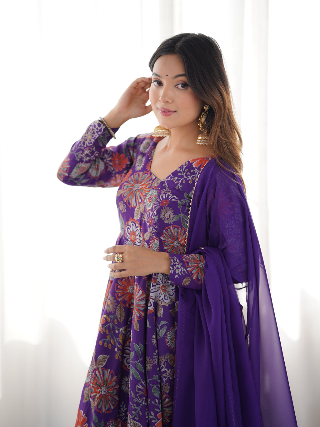 Lorenvalley Women Pure Soft Roman silk Chanderi Discharge Print Fabric Kediya Kurta Palazzo with Dupatta Set
