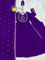 Lorenvalley Fashion Purple Roman Chanderi Silk Handwork Beads Work Anarkali Pant with Dupatta - Distacart