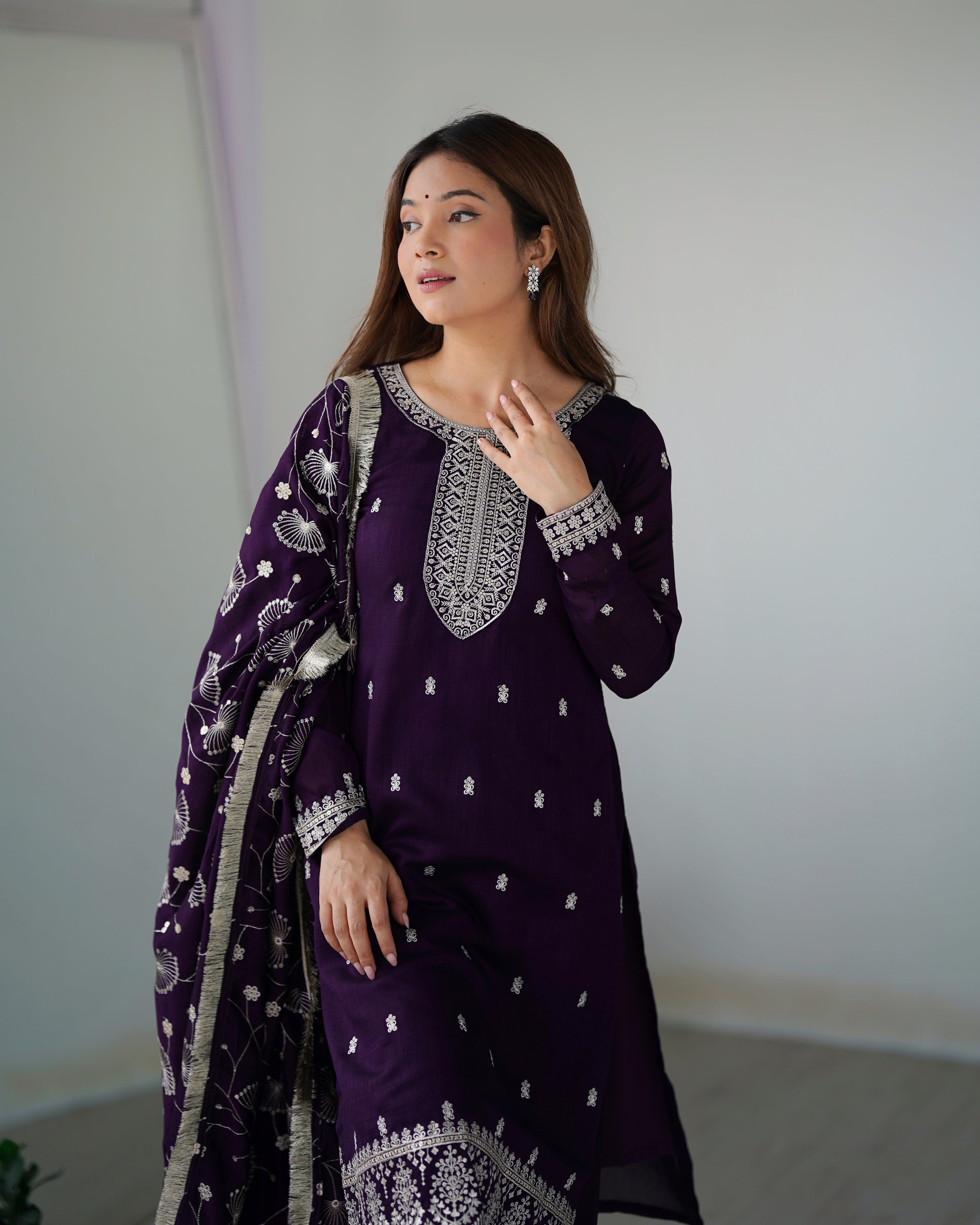 Lorenvalley Purple Rangoli Silk Embroidery Sequence and Jari Work Kurta Trousers with Dupatta Set - Distacart