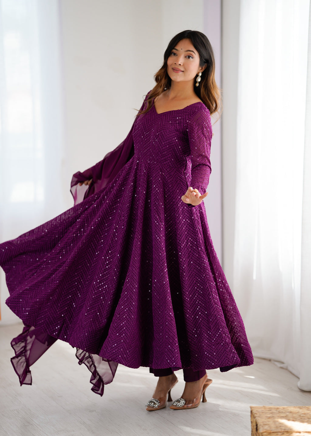 Lorenvalley Purple Faux Georgette Lukhnowi Sequence Work Anarkali Kurta Pant With Dupatta Set