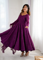 Lorenvalley Purple Faux Georgette Lukhnowi Sequence Work Anarkali Kurta Pant With Dupatta Set
