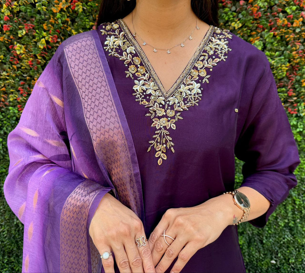 Lorenvalley Fashion Purple Roman Silk Hand Work Kurta Pant with Dupatta - Distacart