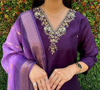 Lorenvalley Fashion Purple Roman Silk Hand Work Kurta Pant with Dupatta - Distacart