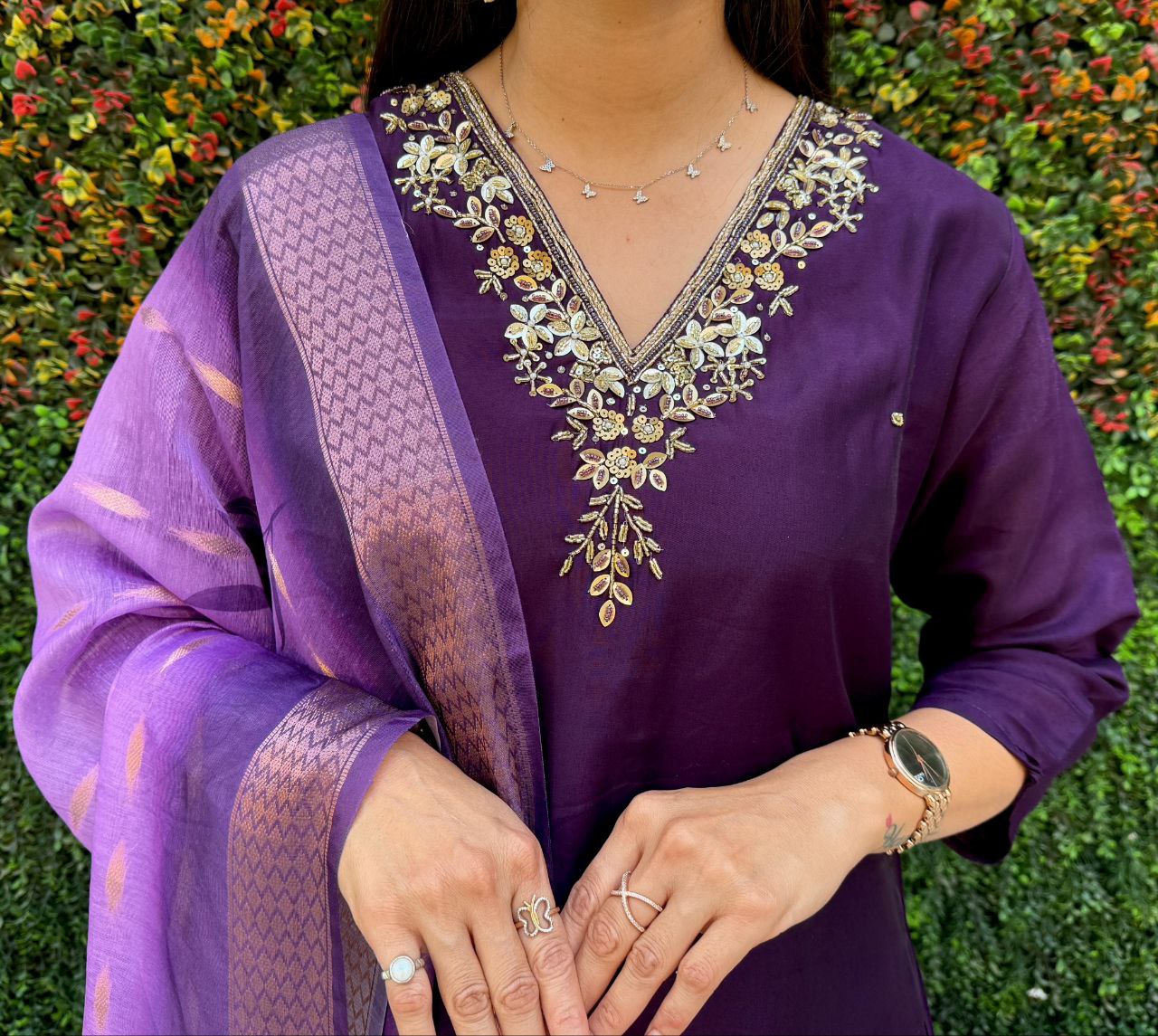 Lorenvalley Fashion Purple Roman Silk Hand Work Kurta Pant with Dupatta - Distacart