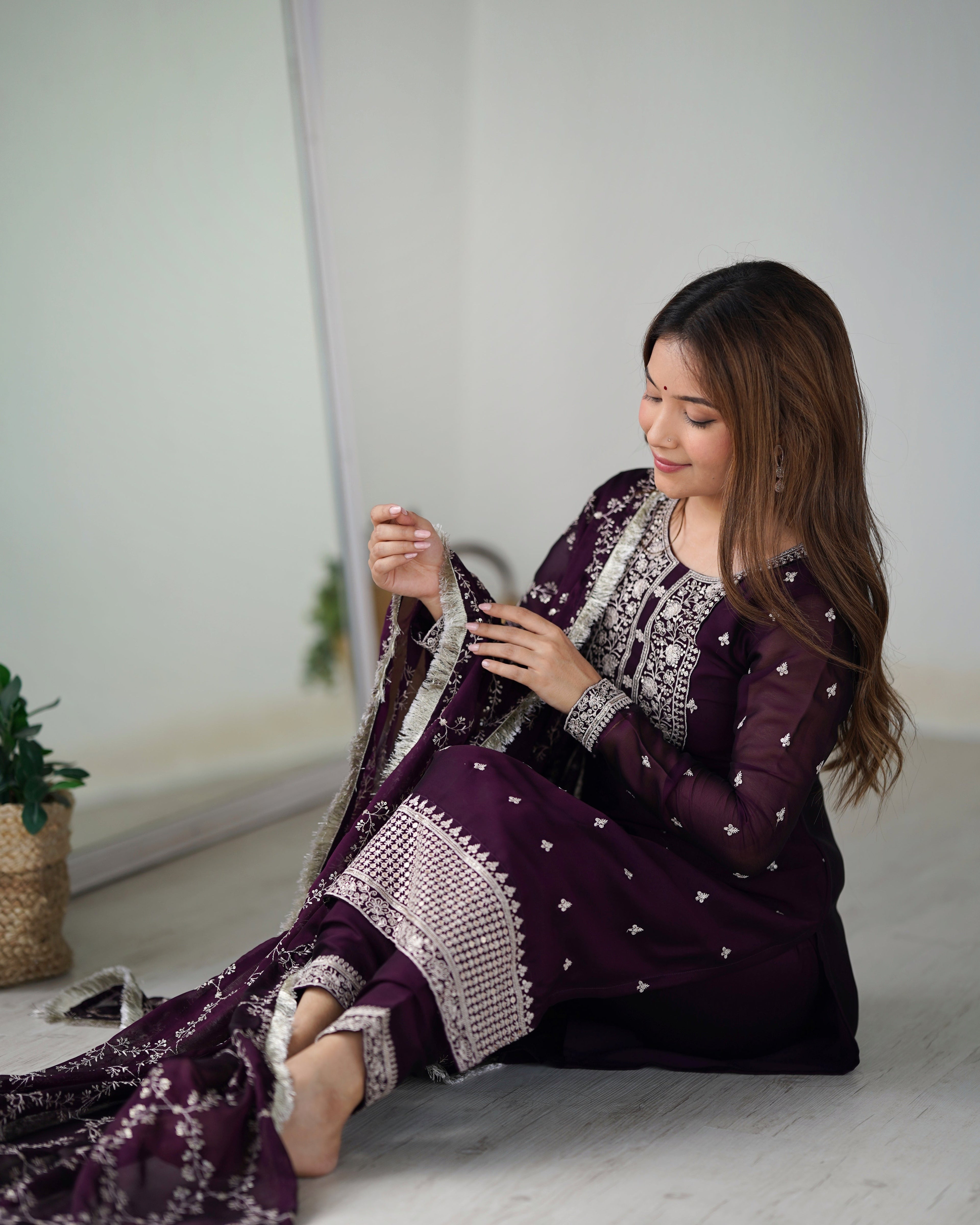 Lorenvalley Wine Rangoli Silk Embroidery Sequence And Thread Work Kurta Trousers with Dupatta Set