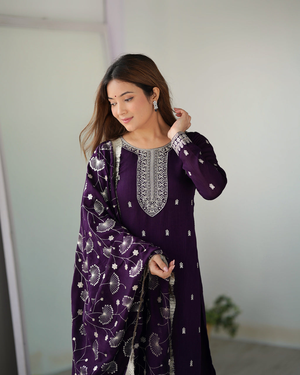 Lorenvalley Purple Rangoli Silk Embroidery Sequence and Jari Work Kurta Trousers with Dupatta Set - Distacart