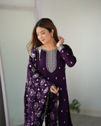 Lorenvalley Purple Rangoli Silk Embroidery Sequence and Jari Work Kurta Trousers with Dupatta Set - Distacart