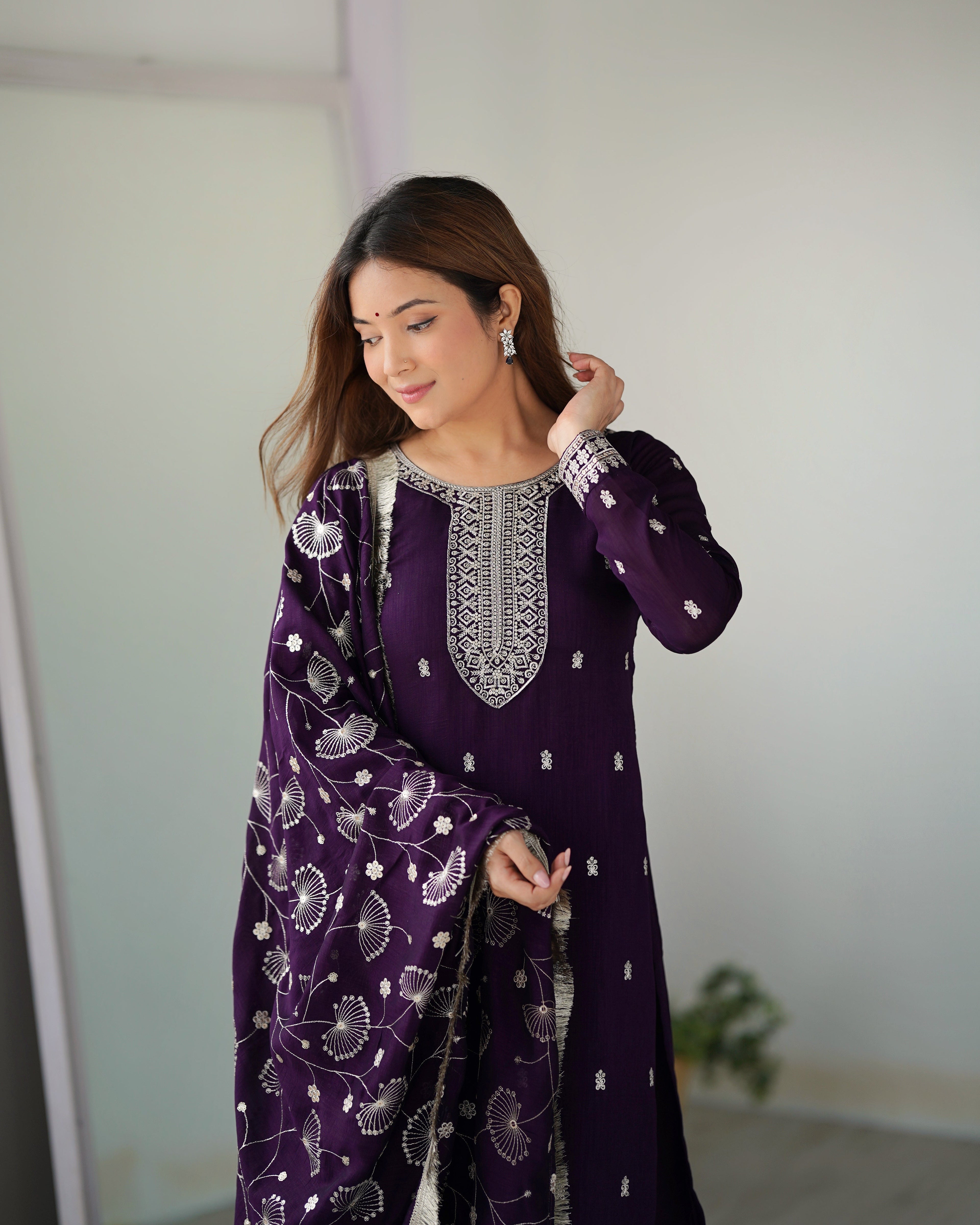 Lorenvalley Purple Rangoli Silk Embroidery Sequence and Jari Work Kurta Trousers with Dupatta Set - Distacart