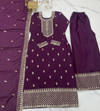 Lorenvalley Purple Chinon Silk Embroidery Sequence and Jari Work Kurta Trousers with Dupatta Set - Distacart