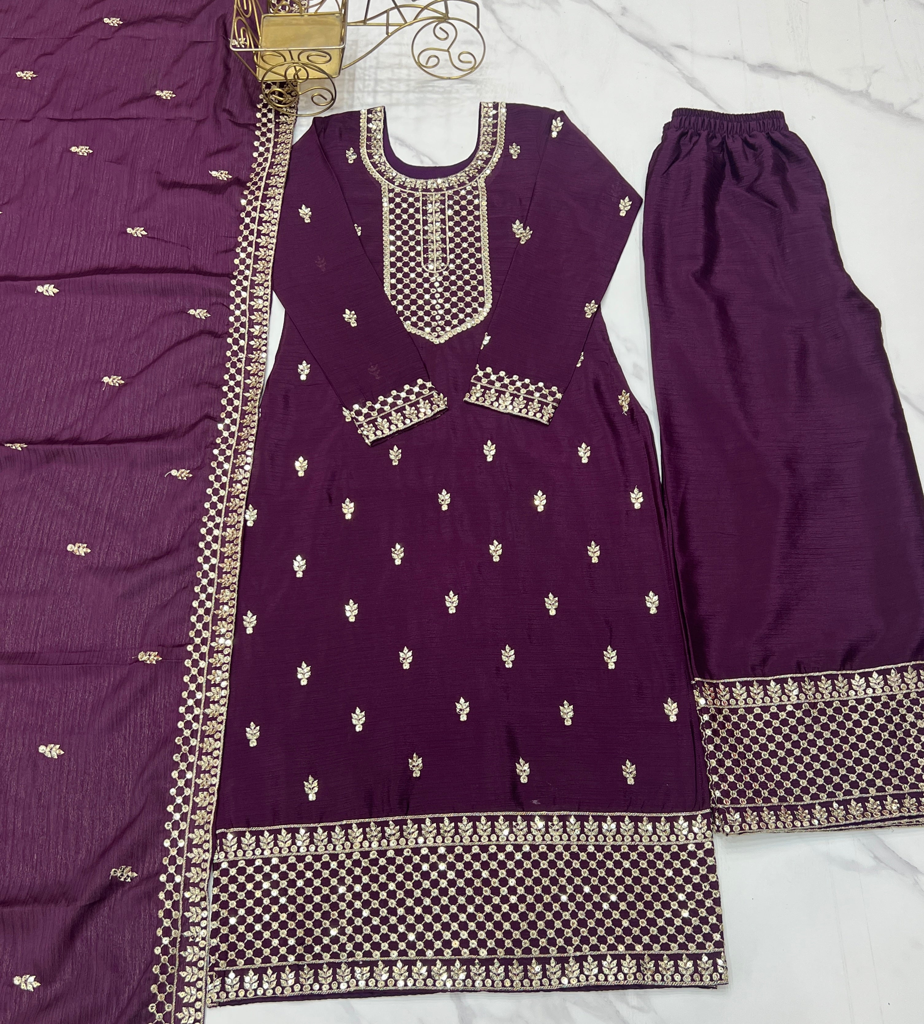 Lorenvalley Purple Chinon Silk Embroidery Sequence and Jari Work Kurta Trousers with Dupatta Set - Distacart