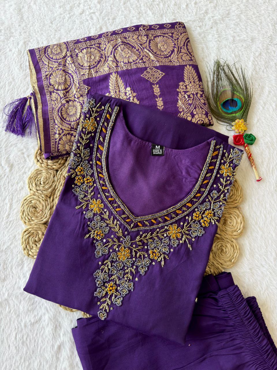 Lorenvalley Fashion Purple Roman Silk Hand Work Kurta Pant with Dupatta - Distacart