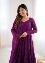 Lorenvalley Purple Faux Georgette Lukhnowi Sequence Work Anarkali Kurta Pant With Dupatta Set