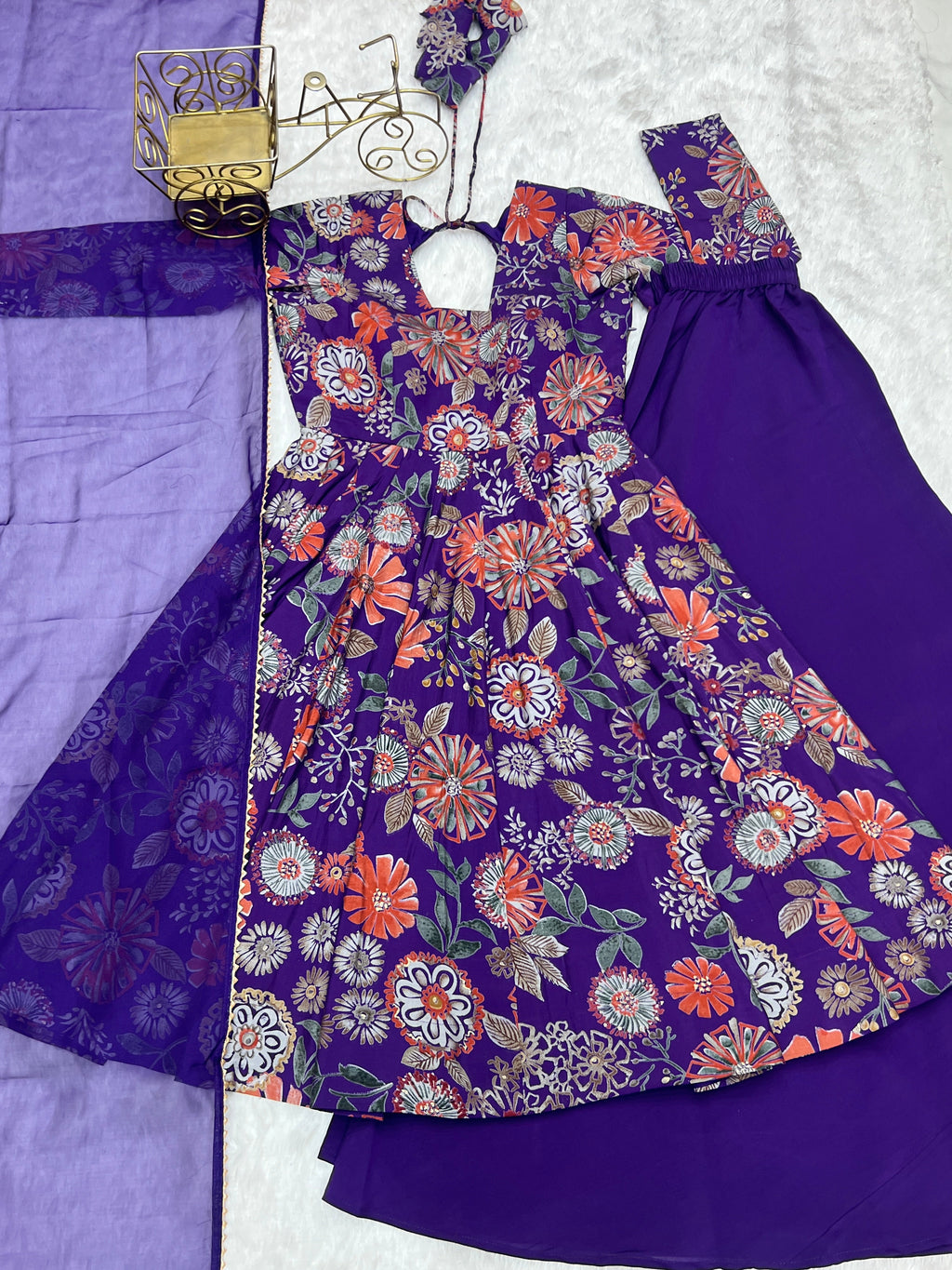 Lorenvalley Women Pure Soft Roman silk Chanderi Discharge Print Fabric Kediya Kurta Palazzo with Dupatta Set