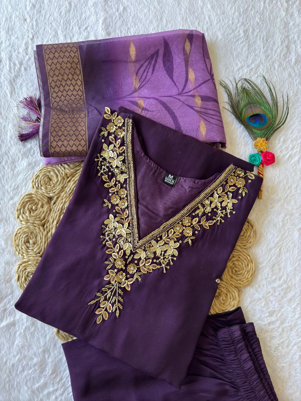Lorenvalley Fashion Purple Roman Silk Hand Work Kurta Pant with Dupatta - Distacart