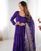 Lorenvalley Women Pure Roman silk Chanderi Fabric Layer Gathering Anarkali Kurta Pant With Dupatta Set