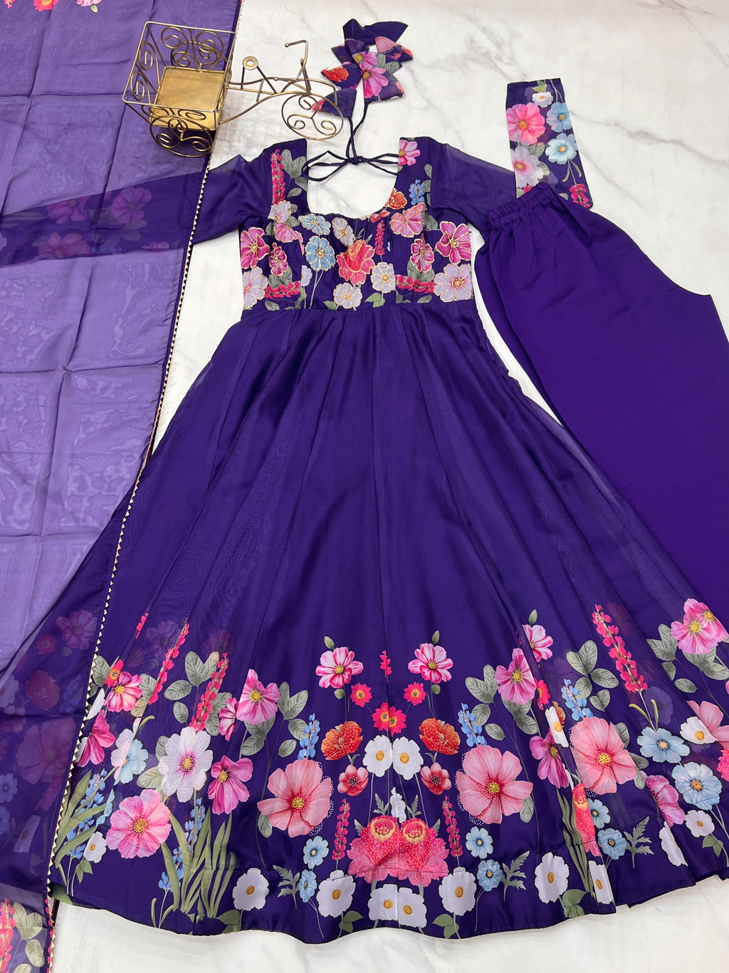 Lorenvalley Purple Soft Organza Silk With Floral Print Fully Flared Anarkali Pant With Dupatta Set