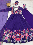 Lorenvalley Purple Soft Organza Silk With Floral Print Fully Flared Anarkali Pant With Dupatta Set