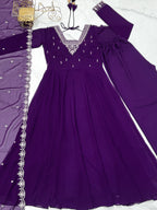 Lorenvalley Purple Faux Georgette Fancy Embroidery Beads And Jari Work Anarkali Kurta Palazzo With Dupatta Set