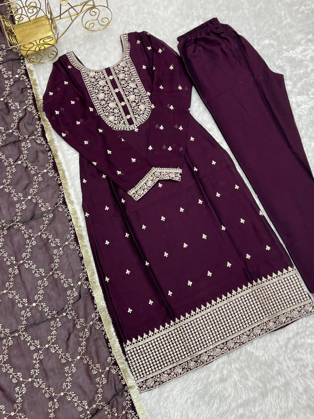Lorenvalley Wine Rangoli Silk Embroidery Sequence And Thread Work Kurta Trousers with Dupatta Set