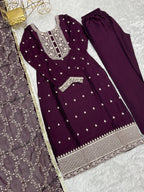 Lorenvalley Wine Rangoli Silk Embroidery Sequence And Thread Work Kurta Trousers with Dupatta Set