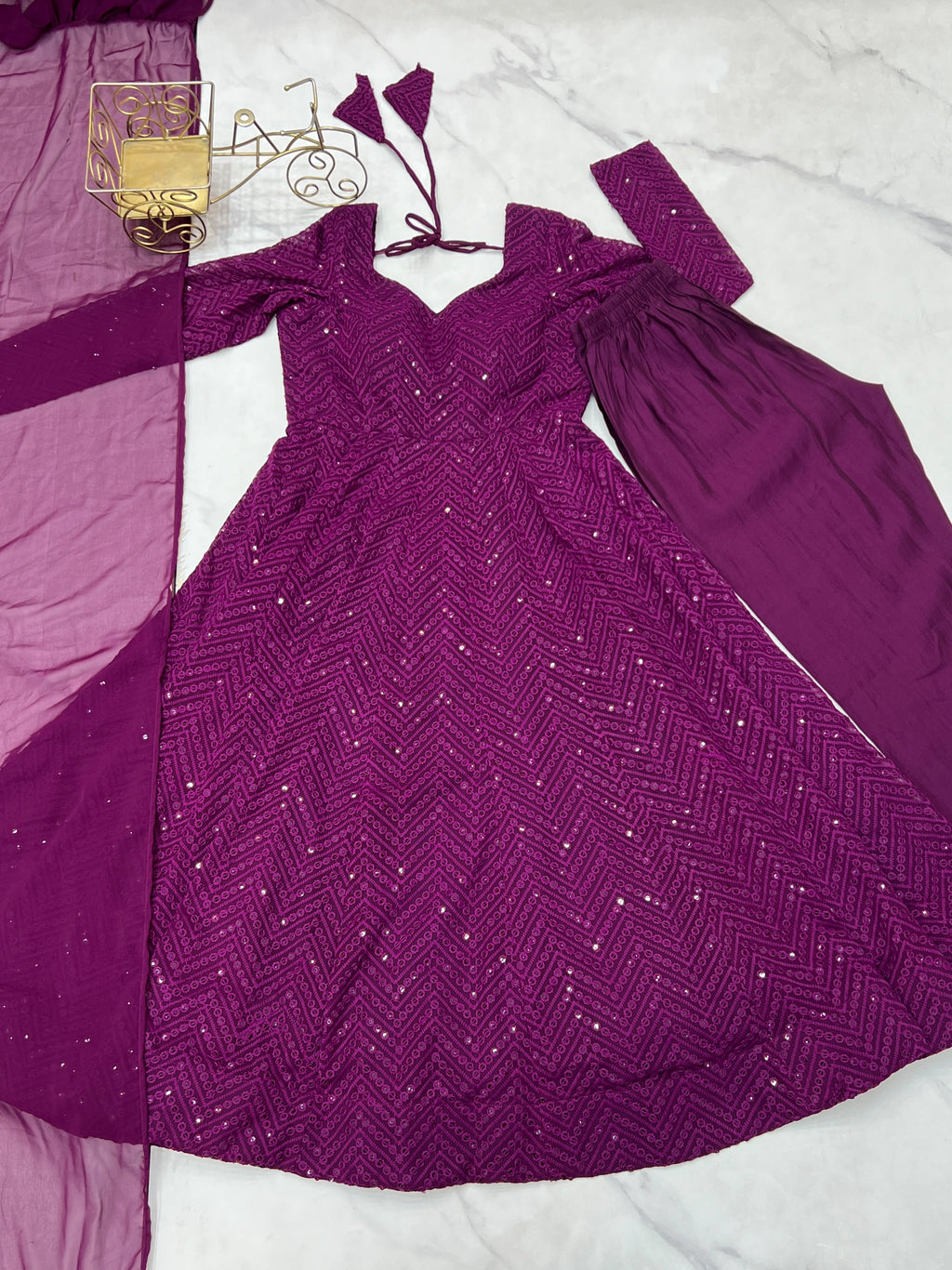 Lorenvalley Purple Faux Georgette Lukhnowi Sequence Work Anarkali Kurta Pant With Dupatta Set