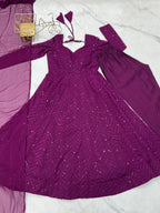 Lorenvalley Purple Faux Georgette Lukhnowi Sequence Work Anarkali Kurta Pant With Dupatta Set