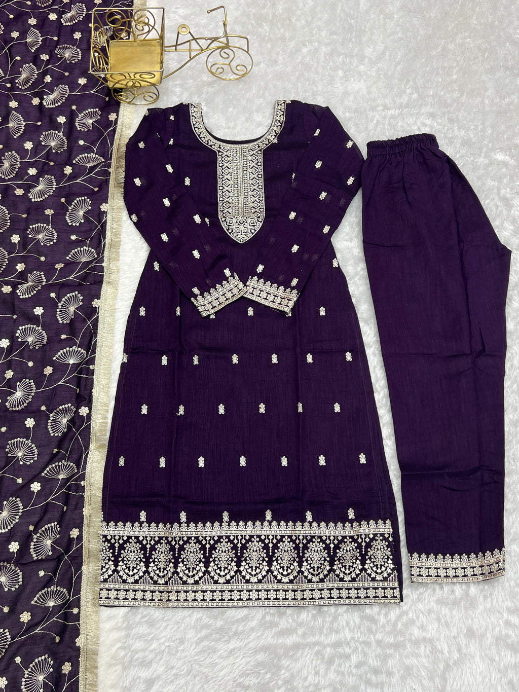 Lorenvalley Purple Rangoli Silk Embroidery Sequence and Jari Work Kurta Trousers with Dupatta Set - Distacart