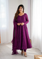 Lorenvalley Purple Faux Georgette Lukhnowi Sequence Work Anarkali Kurta Pant With Dupatta Set