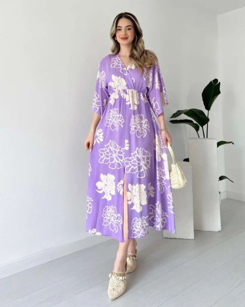 Pimu Front Slit Midi Dresses V-neck Designs For Women Party Wear - Purple