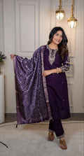 Lorenvalley Fashion Purple Roman Silk Embroidery Multi Work Kurta Pant with Dupatta - Distacart