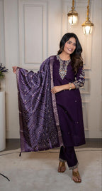 Lorenvalley Fashion Purple Roman Silk Embroidery Multi Work Kurta Pant with Dupatta - Distacart