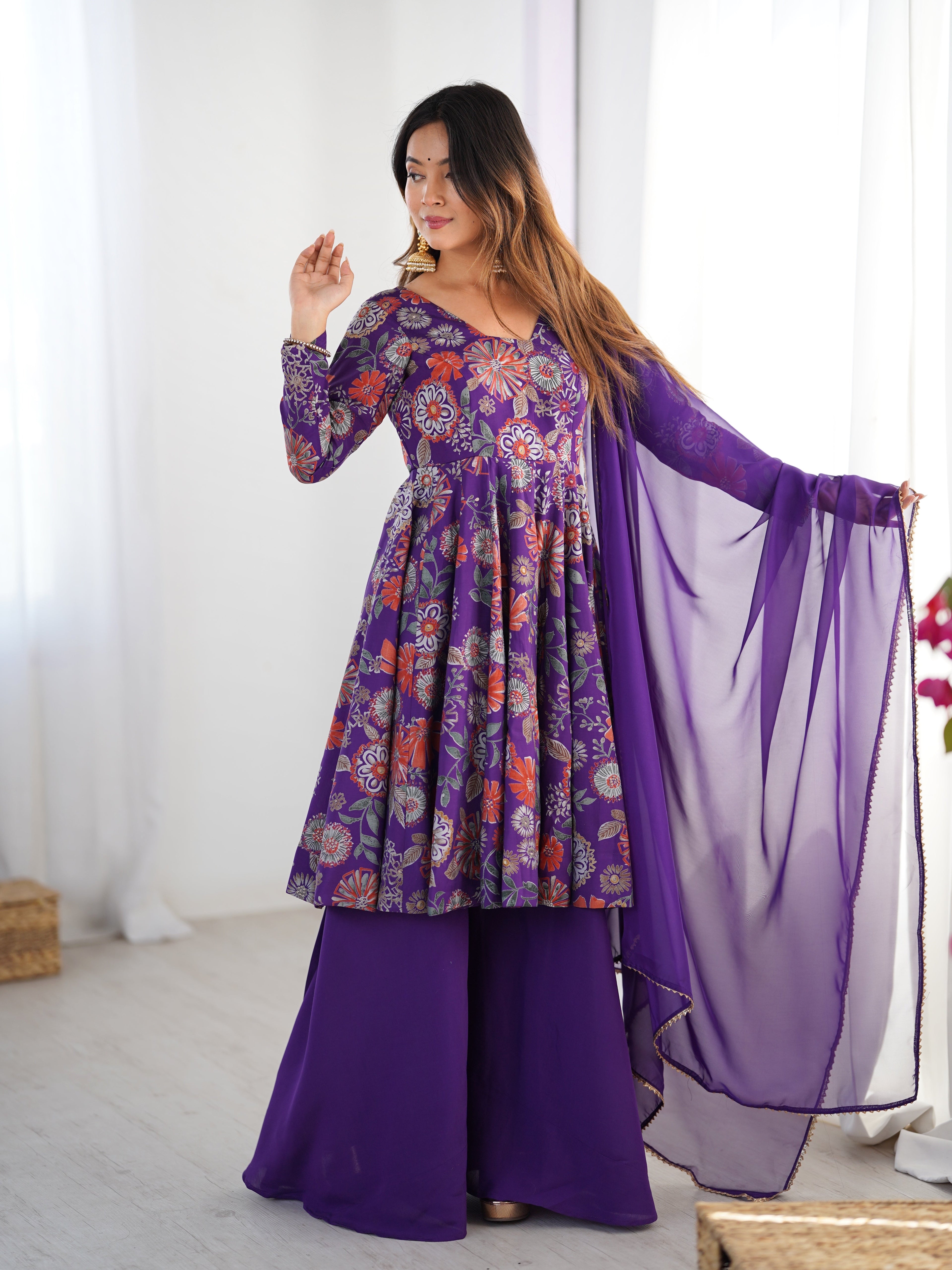 Lorenvalley Women Pure Soft Roman silk Chanderi Discharge Print Fabric Kediya Kurta Palazzo with Dupatta Set