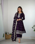 Lorenvalley Purple Rangoli Silk Embroidery Sequence and Jari Work Kurta Trousers with Dupatta Set - Distacart