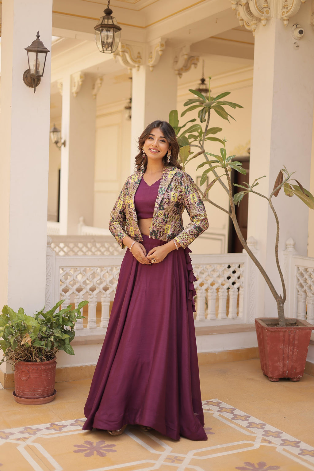 Lorenvalley Purple Premium Chinnon Lehenga Choli with Jacquard Woven Design Koti