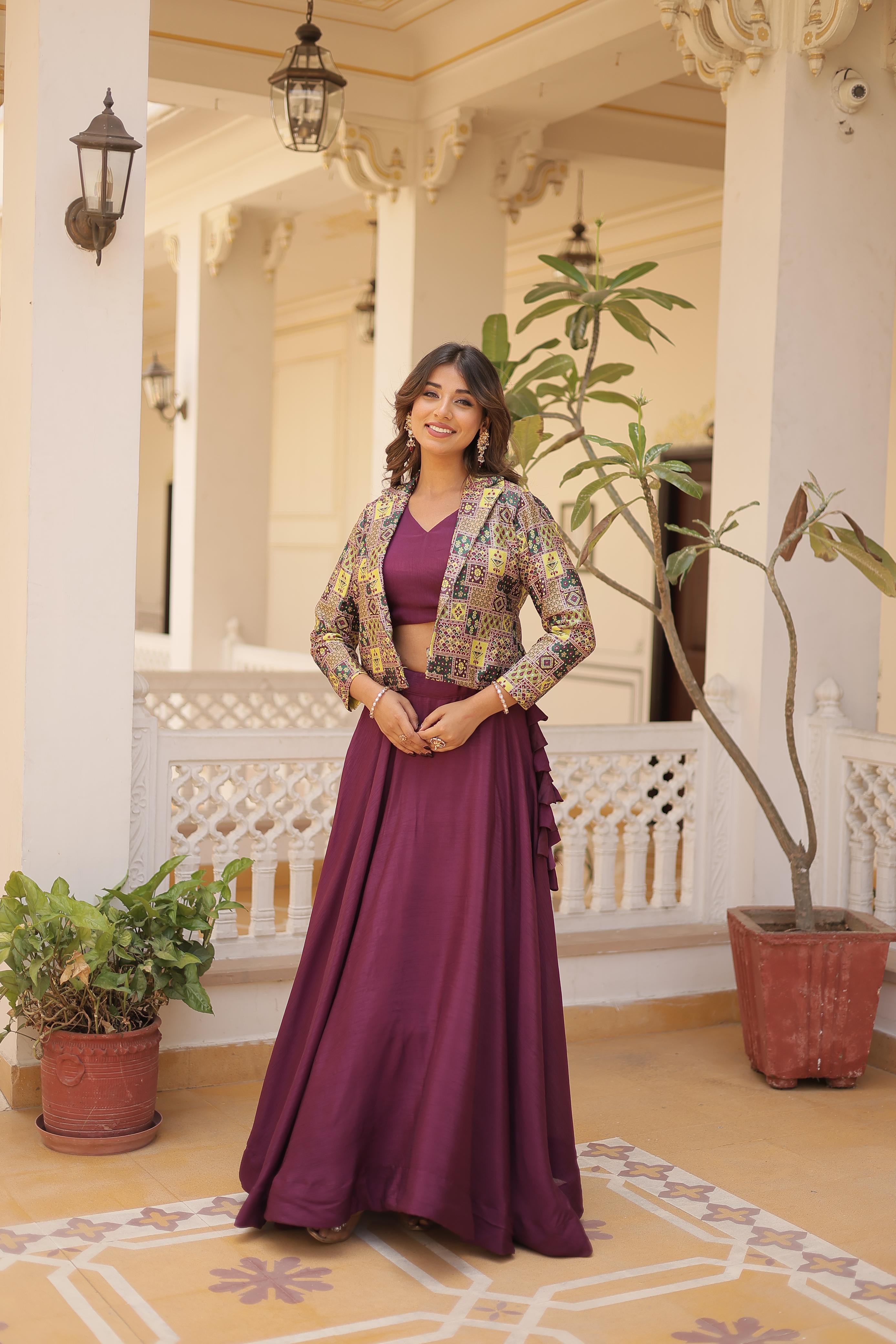 Lorenvalley Purple Premium Chinnon Lehenga Choli with Jacquard Woven Design Koti