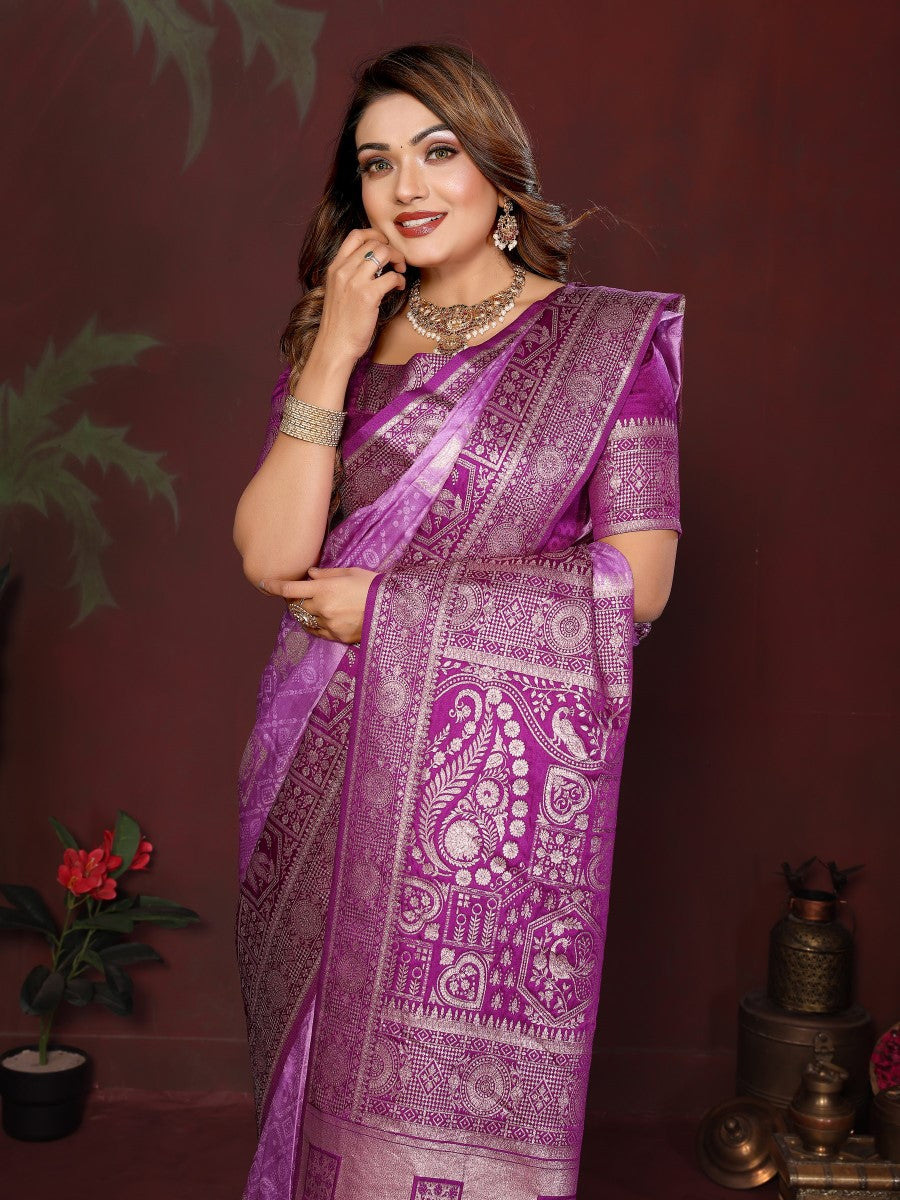 Anaita Purple Zari Butta Work Satin Silk Saree With Blouse - Distacart