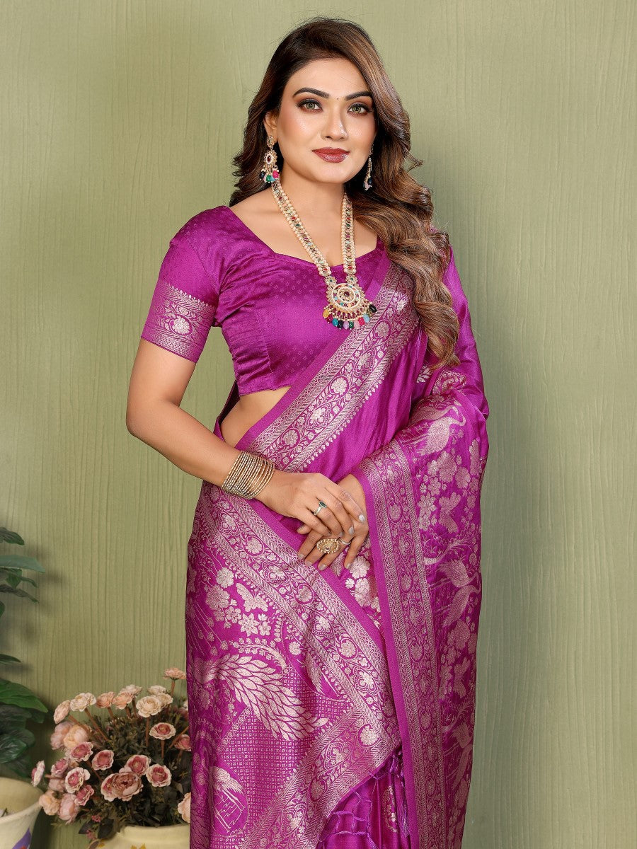 Anaita Purple Zari Butta Work Satin Silk Saree With Blouse - Distacart