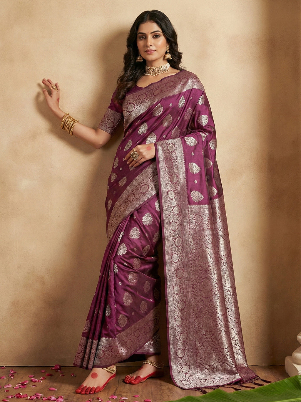Anaita Purple Silk Blend Woven Saree With Blouse - Distacart